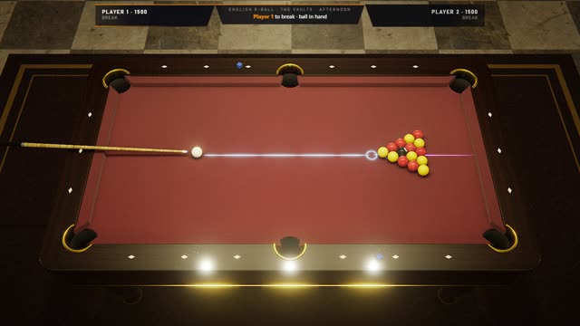 The table as a game of English 8-ball starts, with the scoreboard