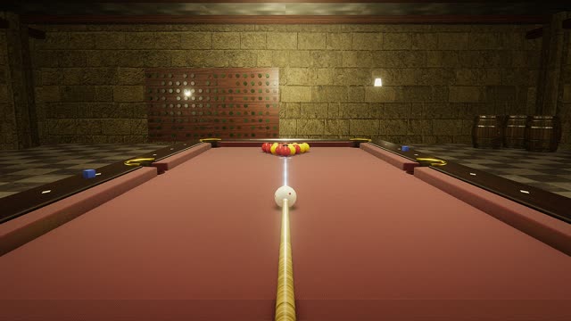 A game of English 8-ball in first person, over the cue