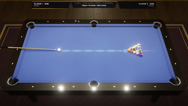 The table as a game of 8-Ball starts, with the scoreboard