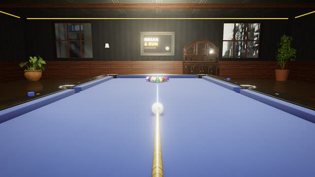 A game of 8-Ball in first person, over the cue