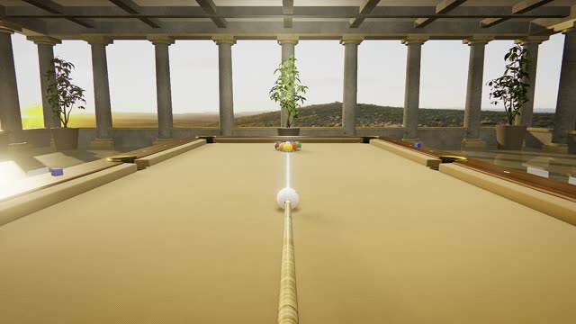 A game of 9-Ball in first person, over the cue