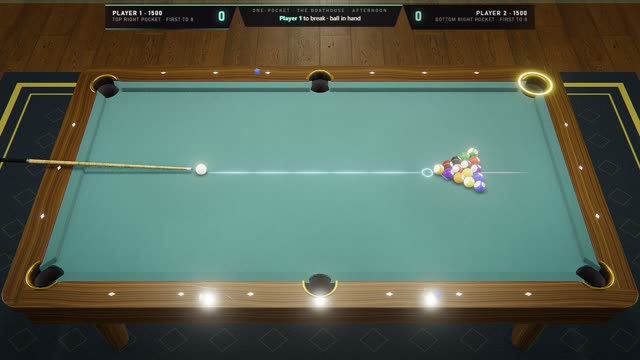 The table as a game of One-pocket starts, with the scoreboard