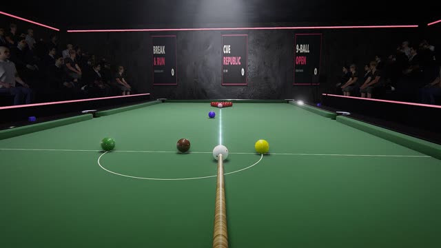 A game of Snooker in first person, over the cue