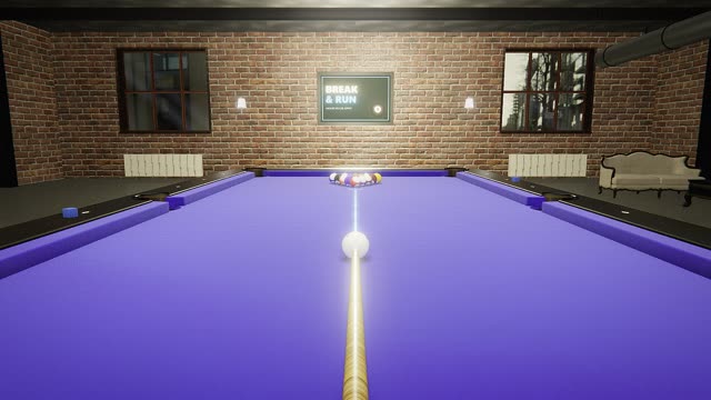 A game of Straight pool in first person, over the cue