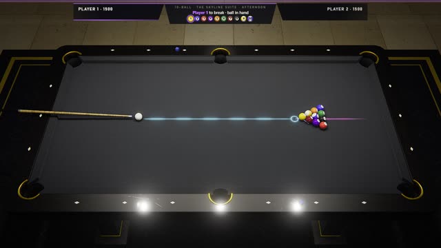 The table as a game of 10-Ball starts, with the scoreboard