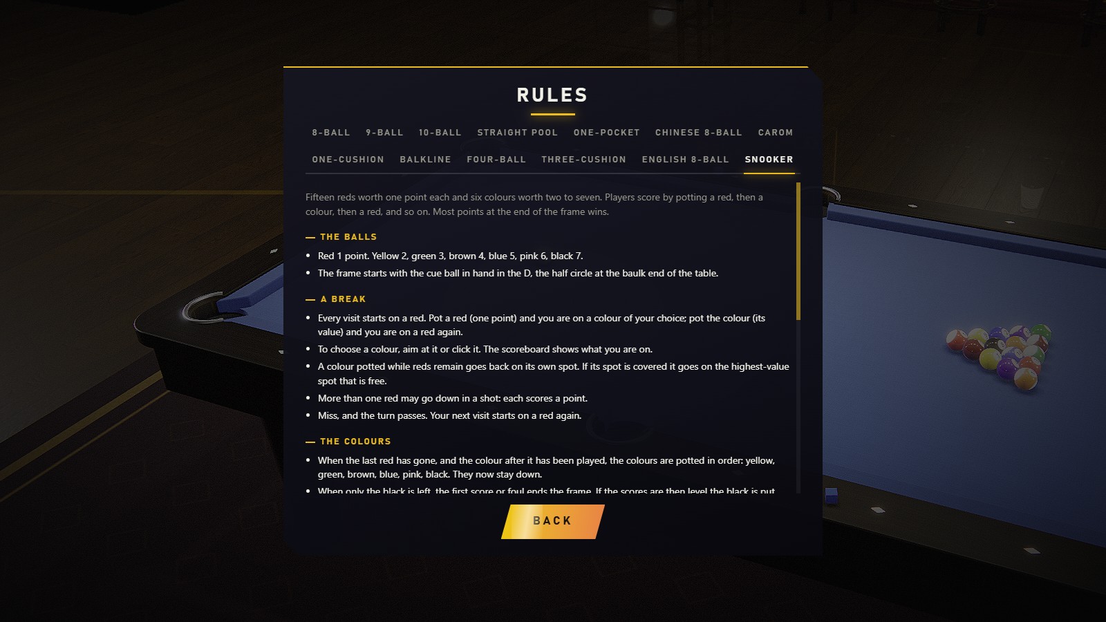 The rule book open at snooker, with a tab for each of the thirteen games