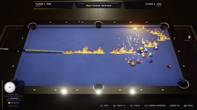 A break at full power: the cue ball leaves a trail of fire and the rack bursts in sparks