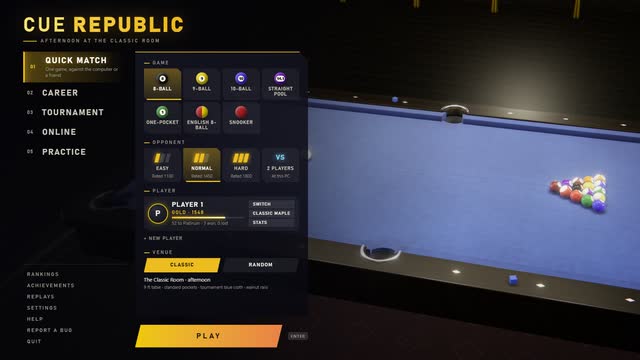 The main menu over a live view of the table