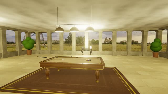 A 9-ball table in a colonnaded house open to the grassland on every side