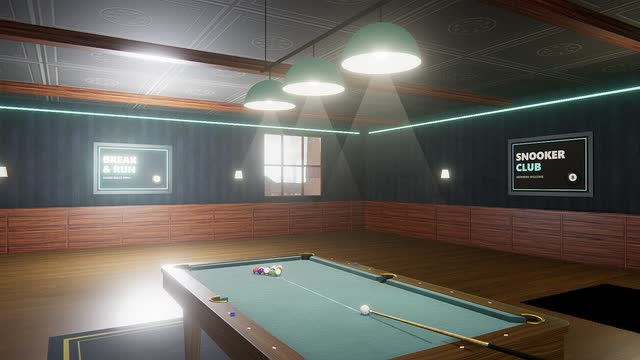 An 8-ball table at the Boathouse as lightning lights the window