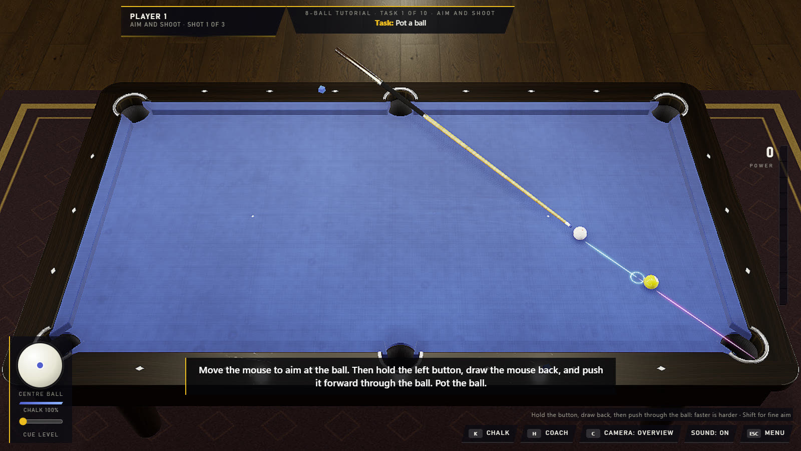 The first task of the 8-ball tutorial: the commentator's words as a subtitle under the table