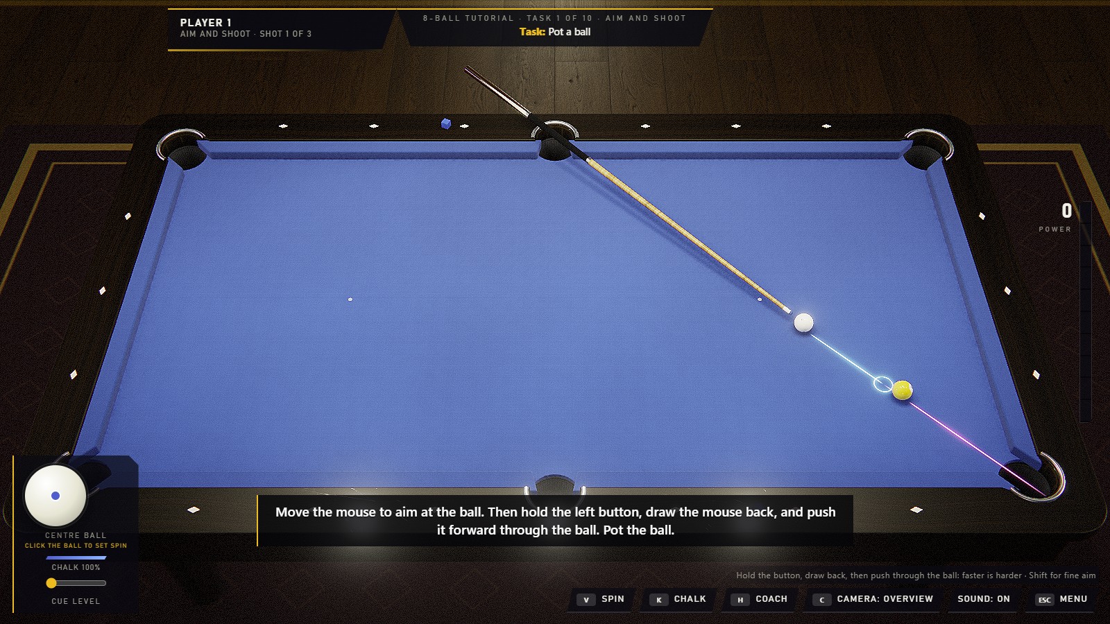 The first task of the 8-ball tutorial: the commentator's words as a subtitle under the table